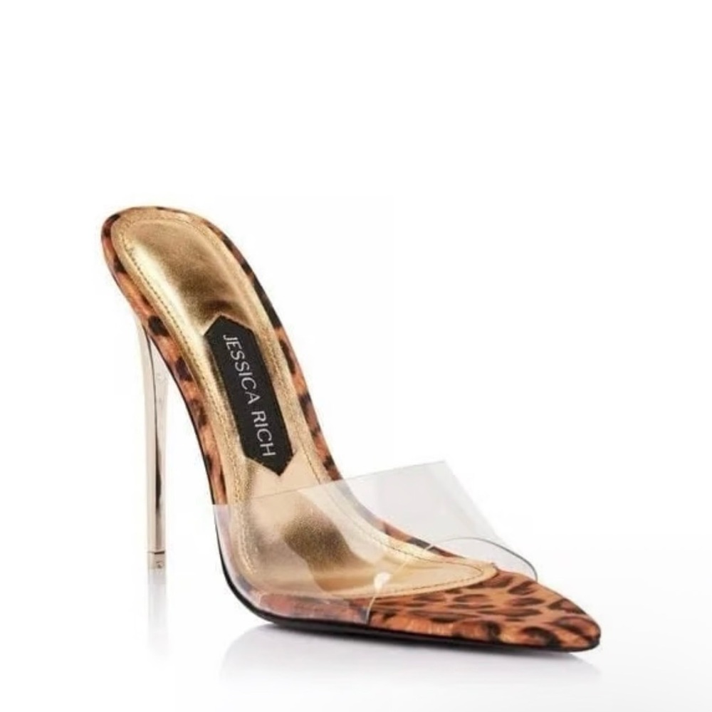 Jessica Rich Women's Leopard Print & Clear PVC Stiletto Heel Mule and Gold Heels